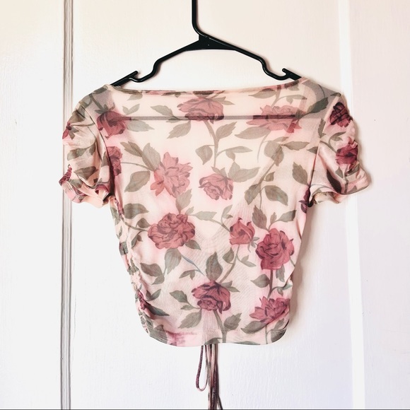 Sheer floral print cropped top with ruching and tie detail (size small) - Picture 2 of 3